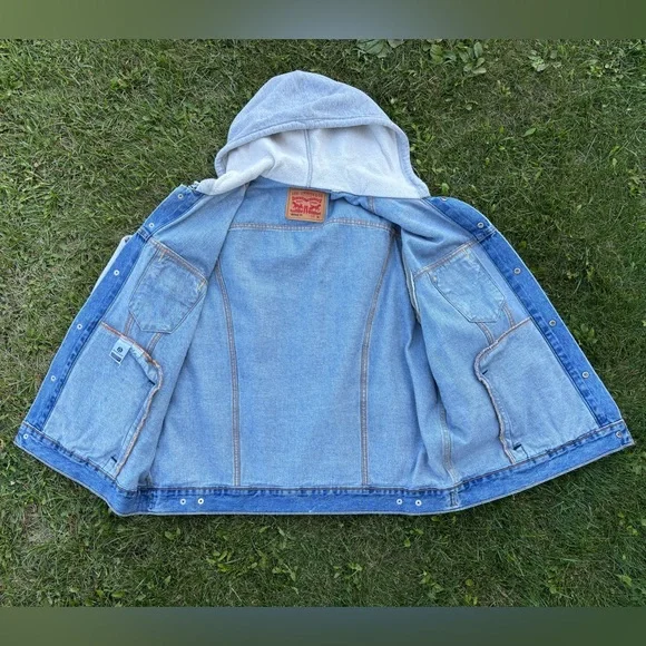 Levi’s Hybrid Hoodie Trucker Jean Jacket Mens XL Vintage Fit Blue Gray Hooded - Picture 3 of 10